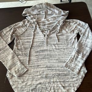 American Eagle Womens Plush Hooded Sweater Sweatshirt Lace Up Gray Marled Medium